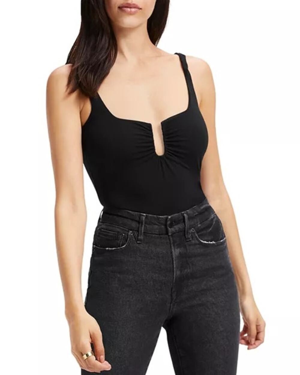 Good American Black Good Touch Ruched U-Ring Sleeveless Bodysuit Size 4XL